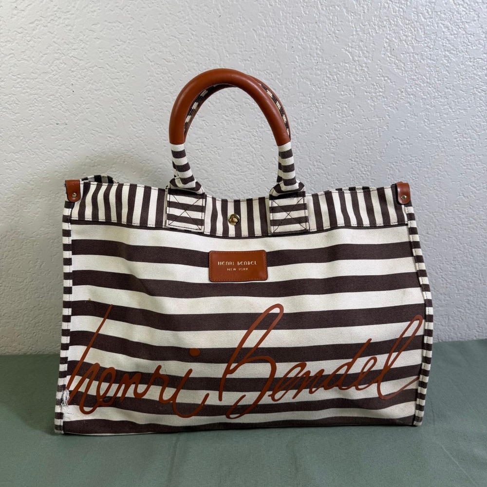 Henri Bendel New York Centennial Stripe Canvas Tote Bag Brown White Logo